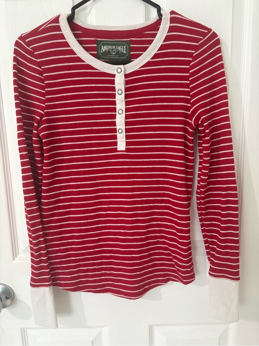 Vintage American Eagle Red & White Striped Henley Long Sleeve Top